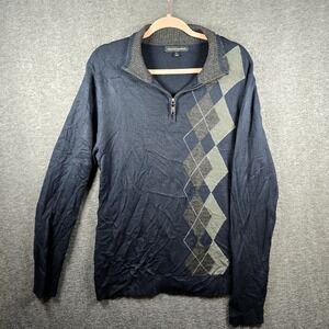 Tricots St. Raphael Men L Side Argyle Quarter-Zip Pullover Sweater Navy Blue